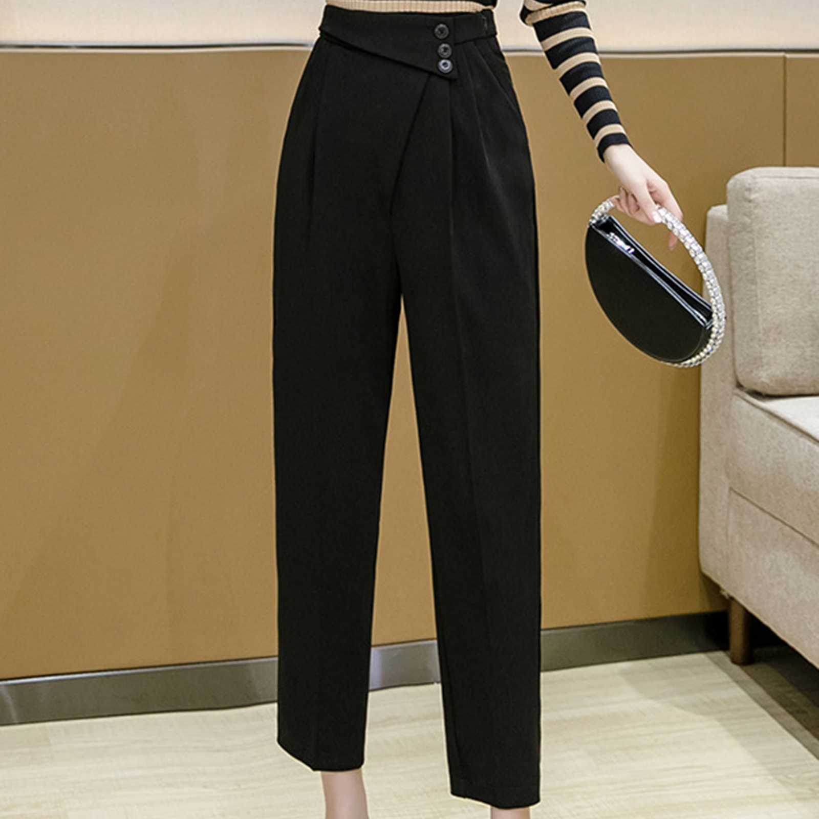 Black High Rise Asymmetrical Waist Trousers