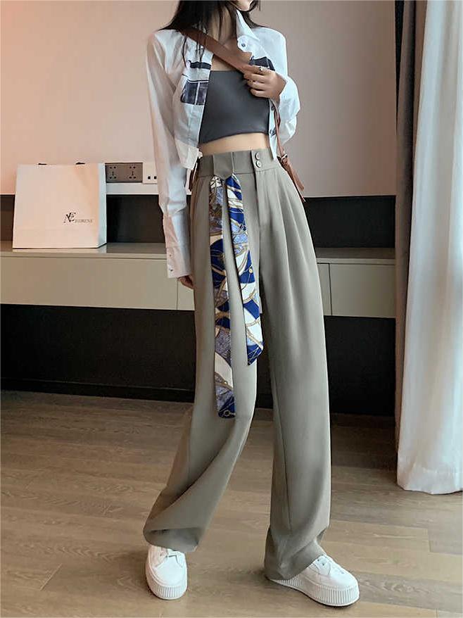 Green High-Waisted Straight Trousers Slacks