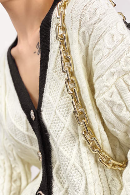 Beige Contrast V-Neck Knitted Cardigan