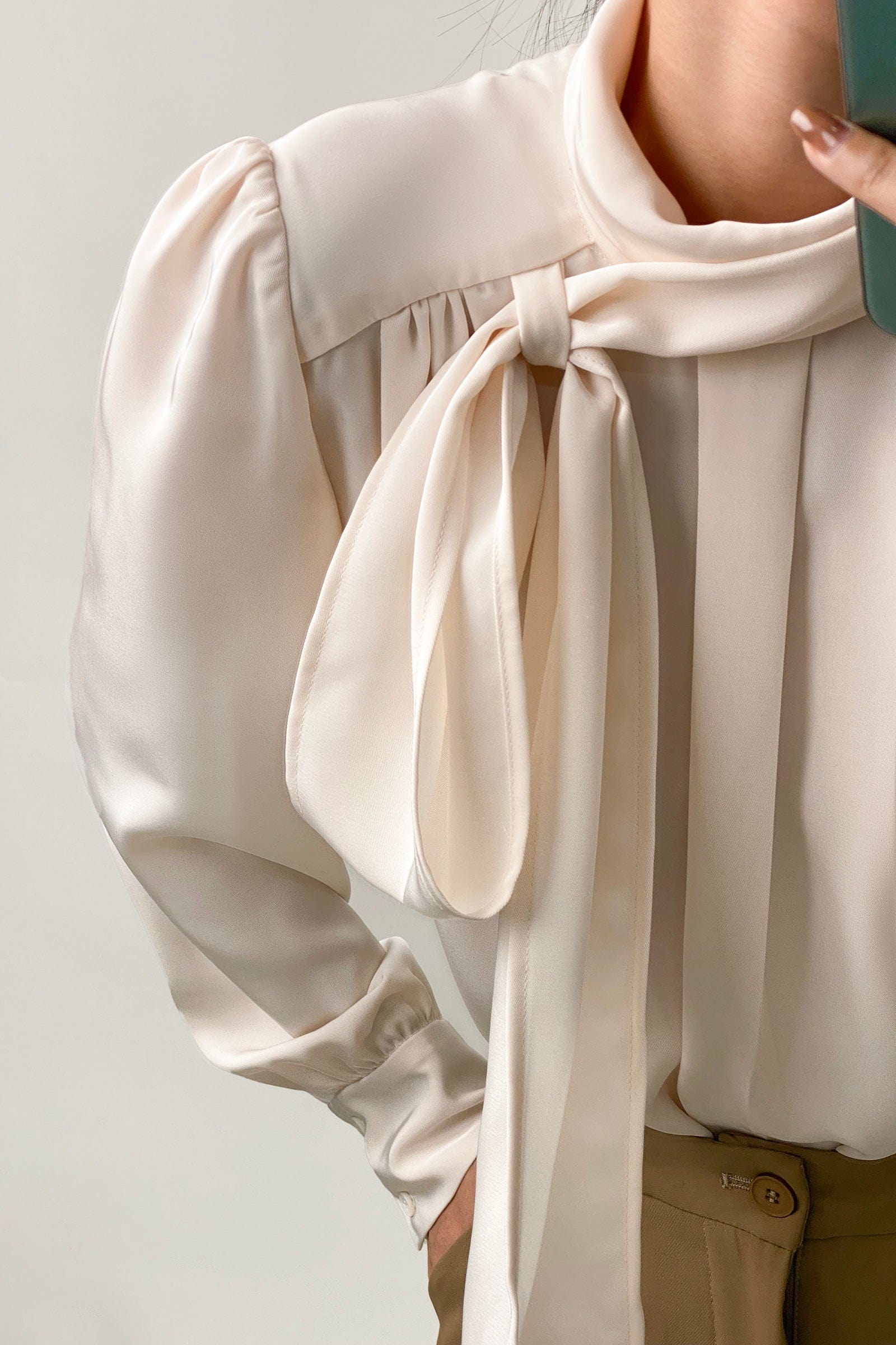 Floral White Satin High Neck Long Sleeve Blouse With Neck Tie-J.ING