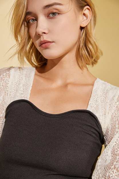 Black Ribbed Lace Long Sleeve Blouse