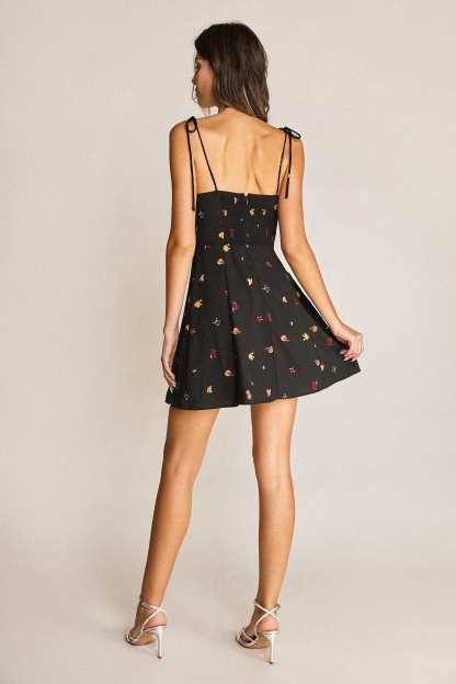 Black Fruit Print Tie Strap Sweetheart Neck Mini Dress