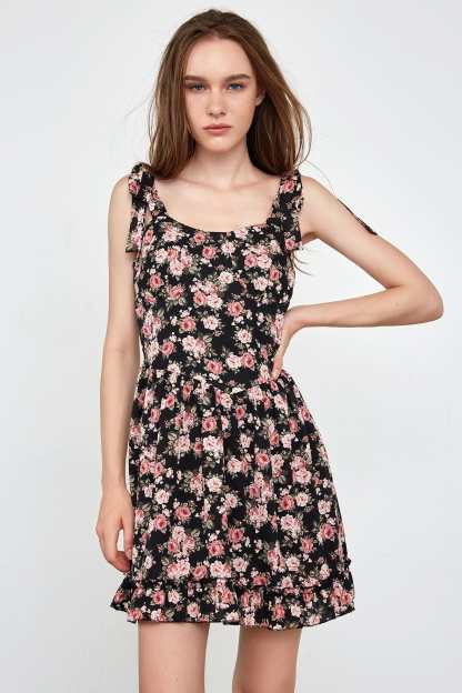 Aiko Black Floral Mini Dress