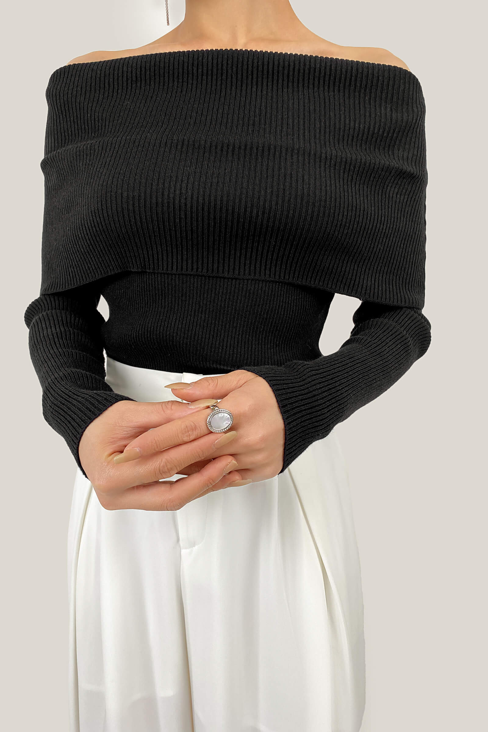 Black Off-the-Shoulder Ribbed Knit Sweater
