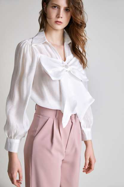 White Bow-Front Collared Blouse