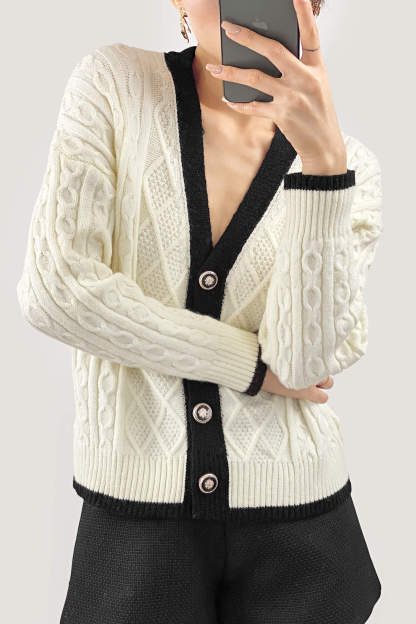 Beige Contrast V-Neck Knitted Cardigan