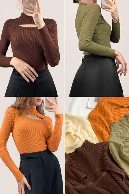 White Mock Neck Front Cut Out Ribbed Knit Sweater