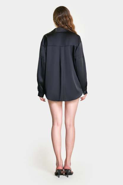 Black Satin Button Front Chest Pocket Shirt