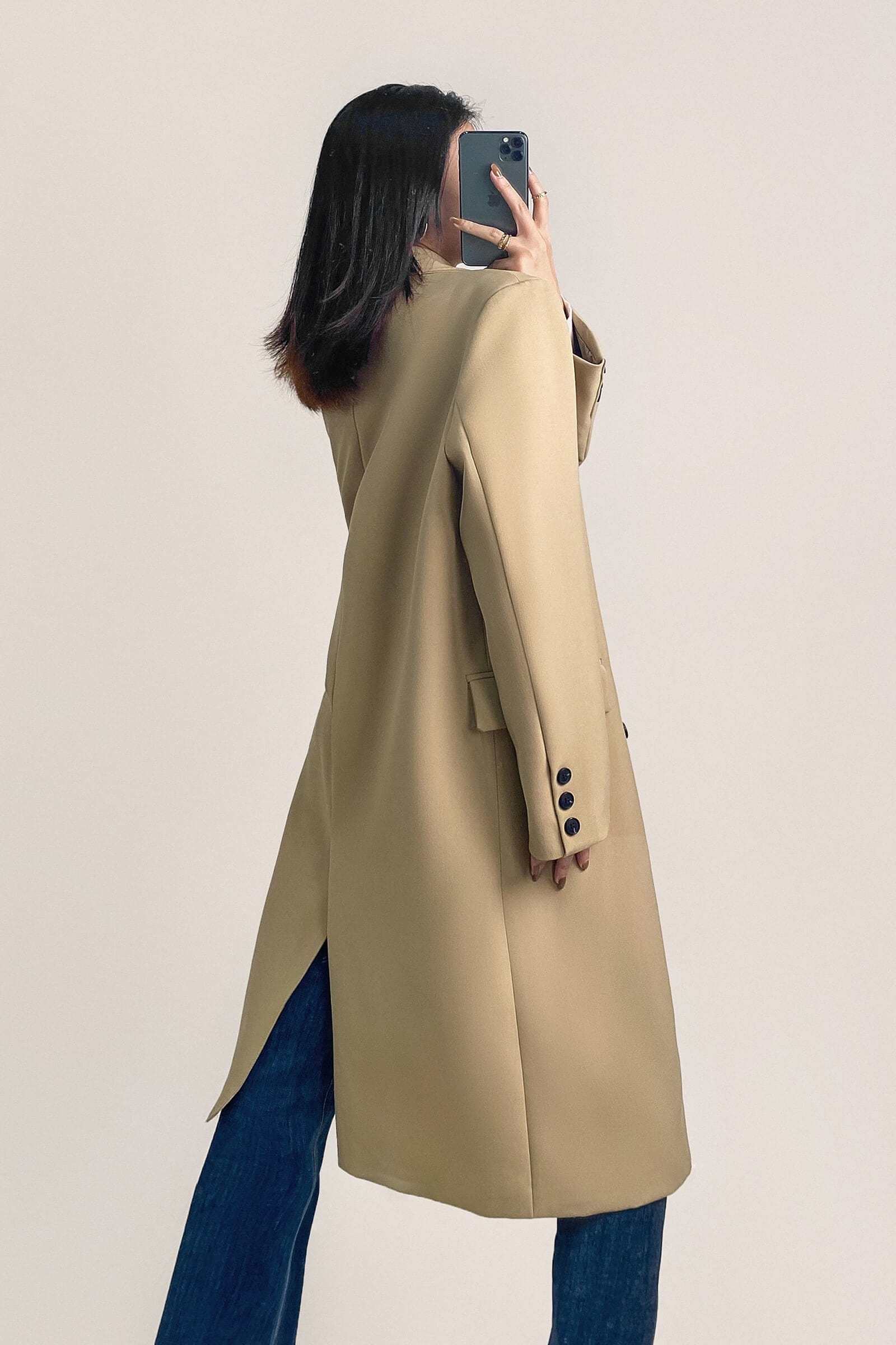 Khaki Padded Shoulder Double-Breasted Longline Coat