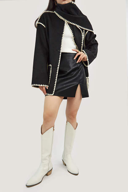 Black Contrast Drop Shoulder Wool-Blend Tweed Coat with Scarf