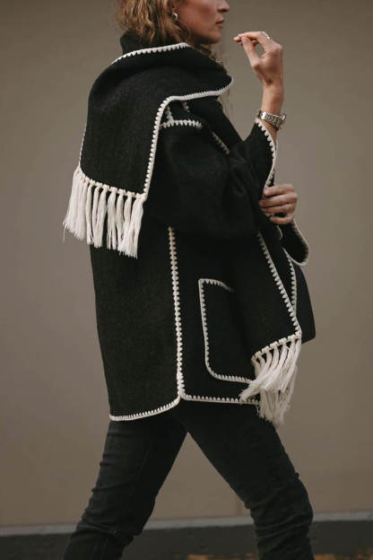 Black Contrast Drop Shoulder Wool-Blend Tweed Coat with Scarf