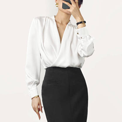 White Ruched Long Sleeve Surplice Blouse