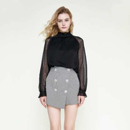 Black Polka Dot Mesh High Neck Blouse