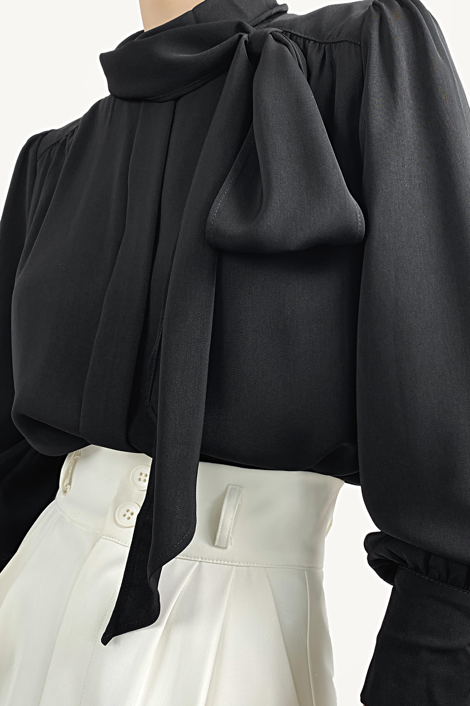 Black Long Sleeve Tie Neck Blouse