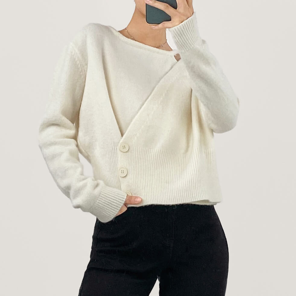 White Overlap Collar Knit Sweater
