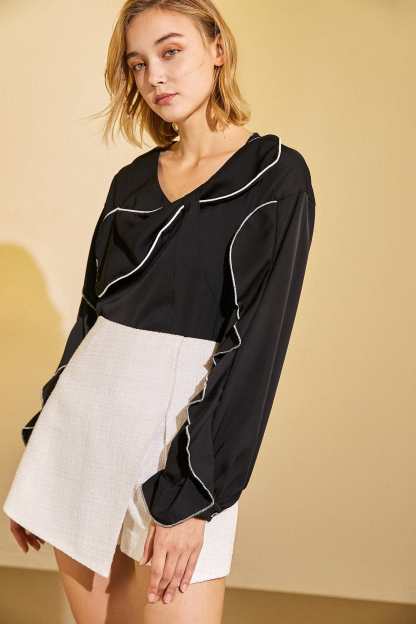 Black Contrast Trim Bowknot Blouse