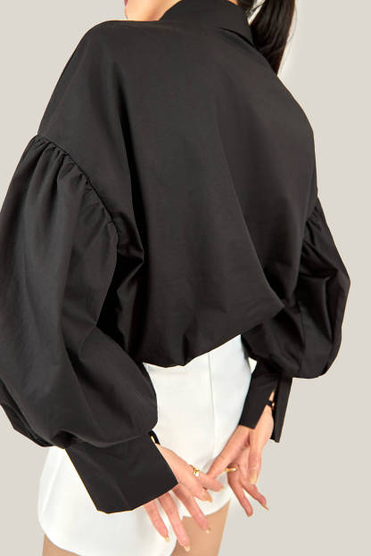 Black Pointed Collar Button Detail Lantern Sleeve Shirt