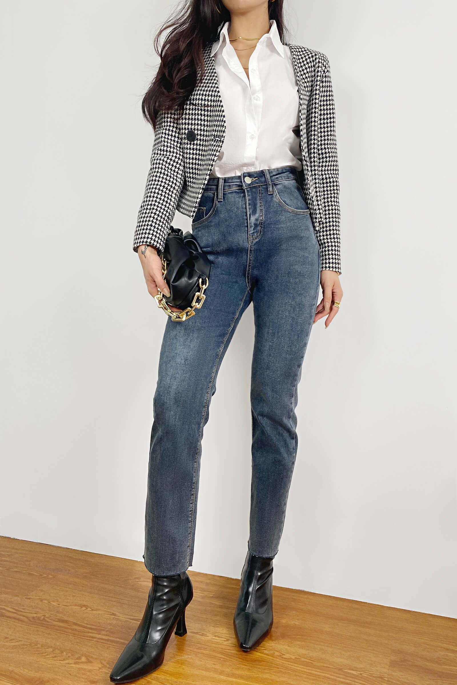 Black Houndstooth V-Neck Double-Breasted Jacket