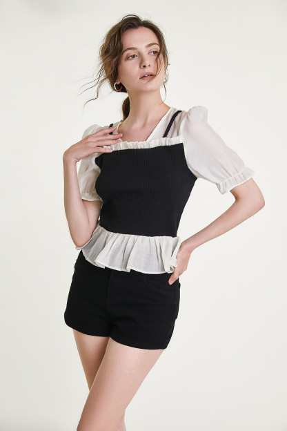 Black Ribbed Ruffled Patchwork Blouse