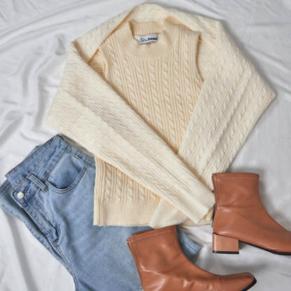 Ivory Cable Knit Shrug Cardigan & Vest Two-Piece Set