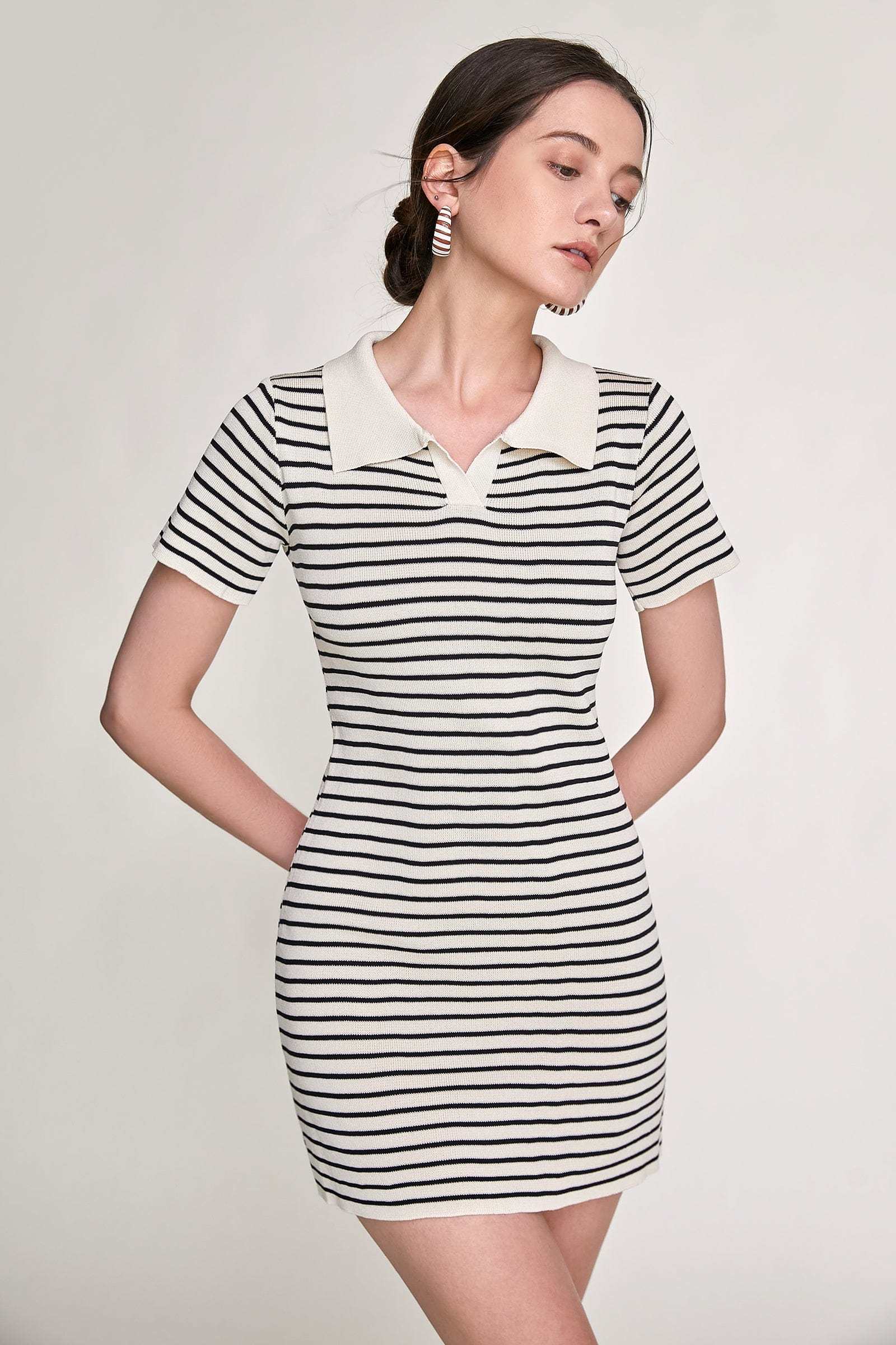 Black Striped Knitted Polo Mini Dress