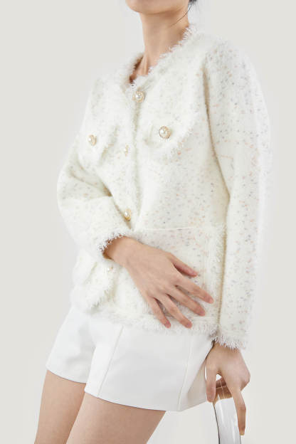 White Patched Pocket Frayed Trim Cardigan