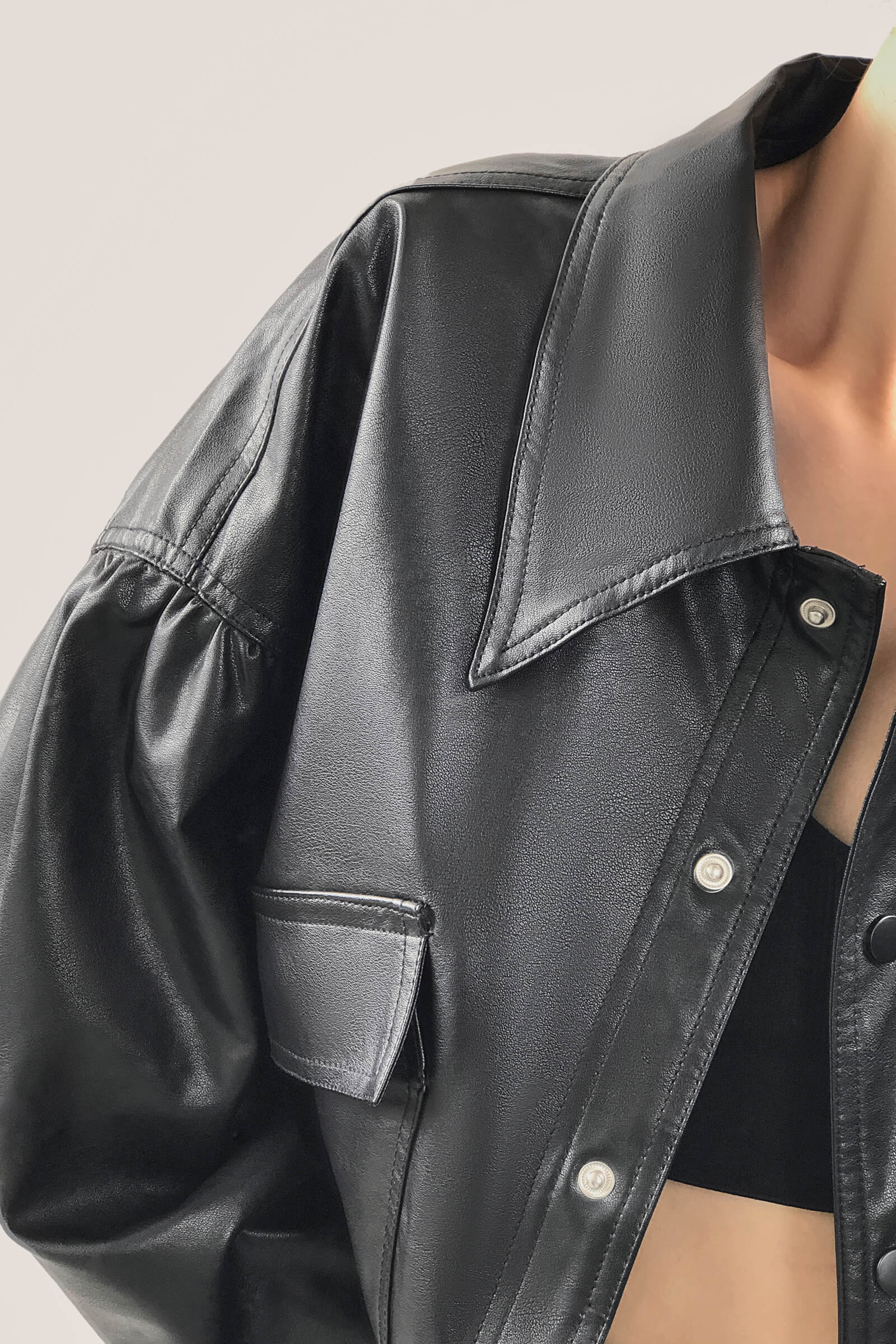 Black Drawstring Hem Button Front Flap Pocket Vegan Leather Jacket