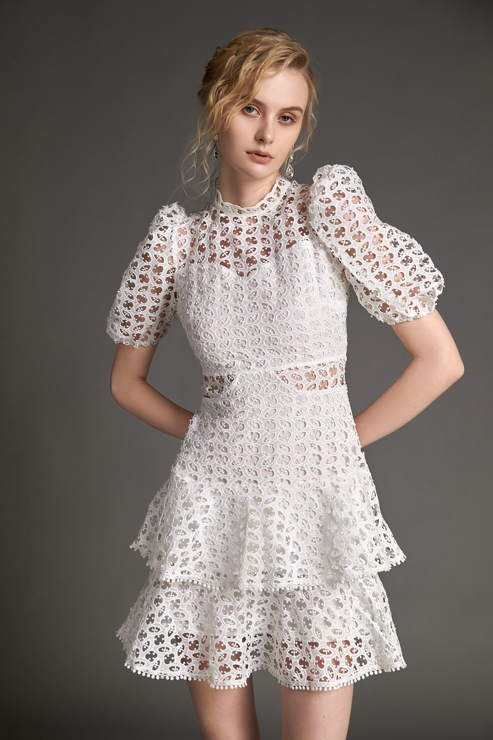 White Crochet Lace Pom Pom Tiered Mini Dress