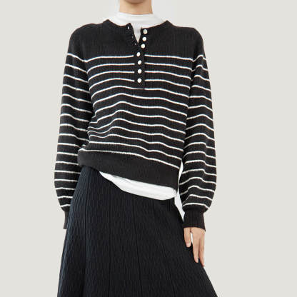 Black Wool-Blend Half-Button Striped Sweater