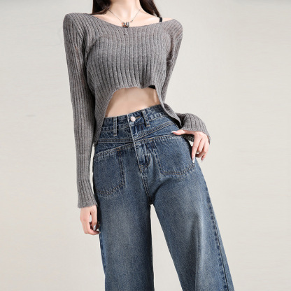 Blue High-Rise Straight-Leg Panel Pocket Jeans