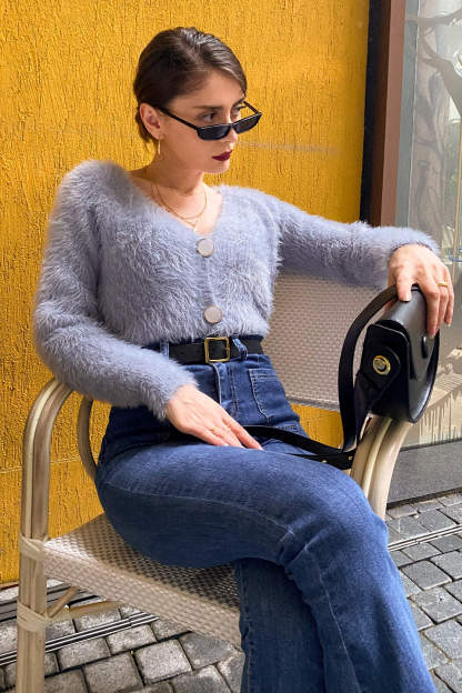 Dark Grey V-Neck Fuzzy Knit Cropped Cardigan