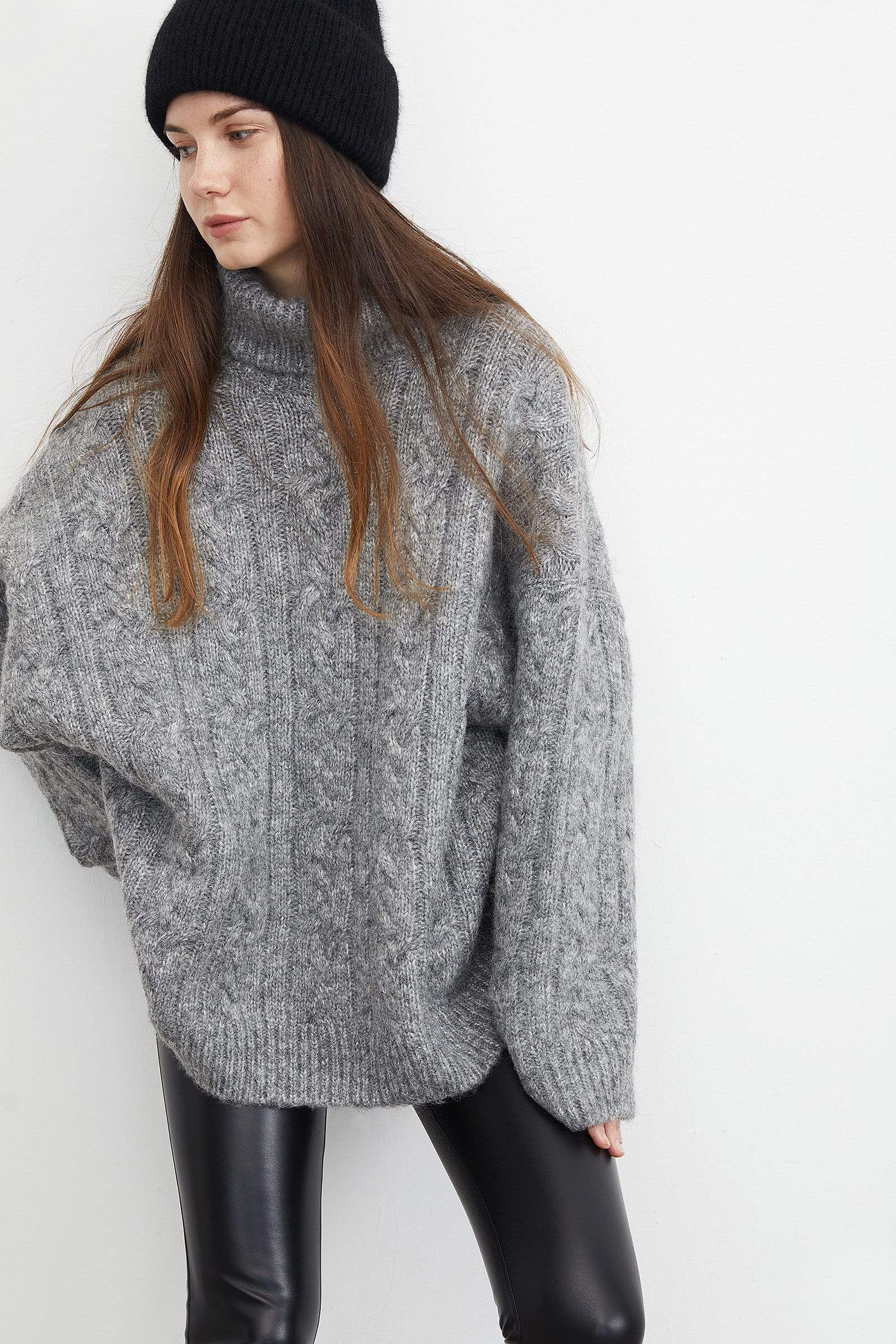 Chunky Grey Cable Knit Turtleneck