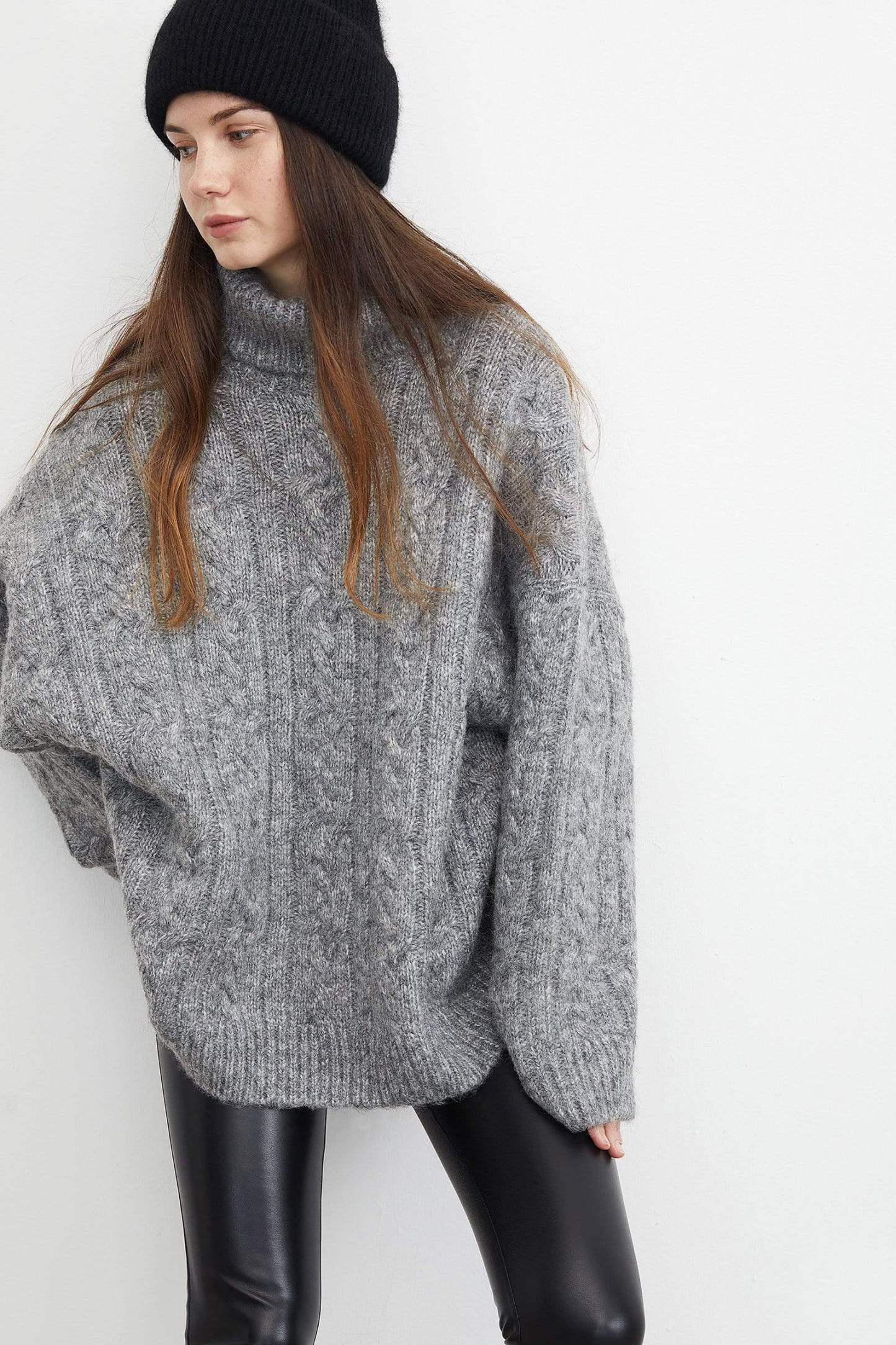 Chunky Grey Cable Knit Turtleneck