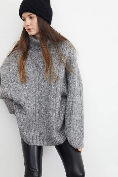 Chunky Grey Cable Knit Turtleneck