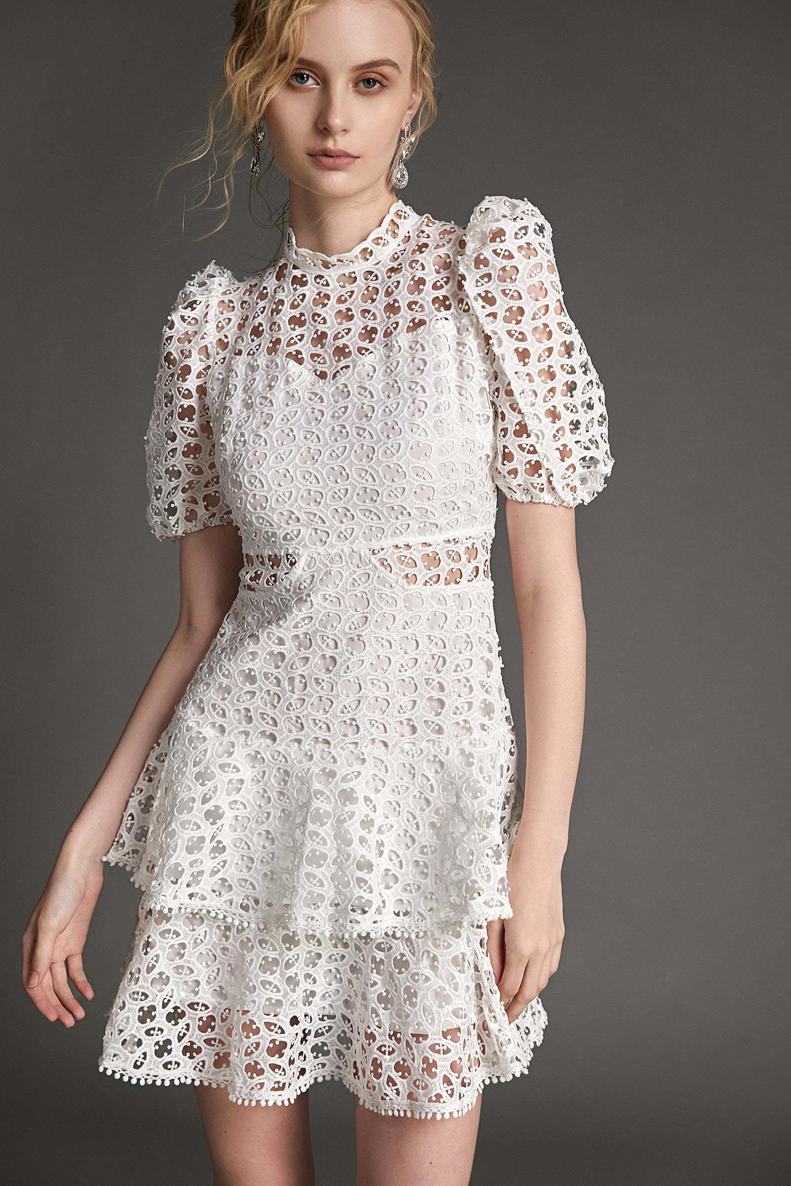 White Crochet Lace Pom Pom Tiered Mini Dress