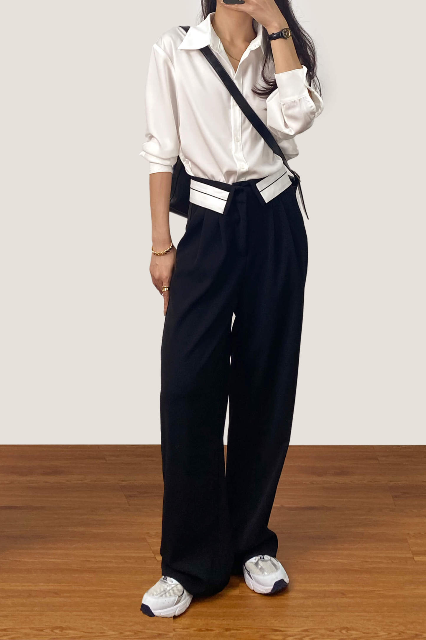 Black Contrast Foldover Waist Wide Leg Pants