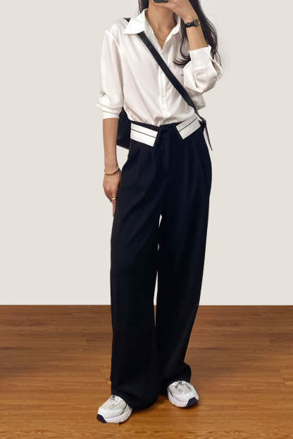 Black Contrast Foldover Waist Wide Leg Pants