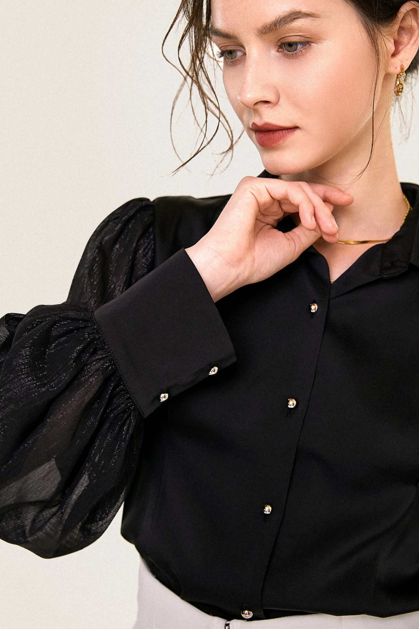 Black Button-Up Balloon Sleeve Satin Shirt