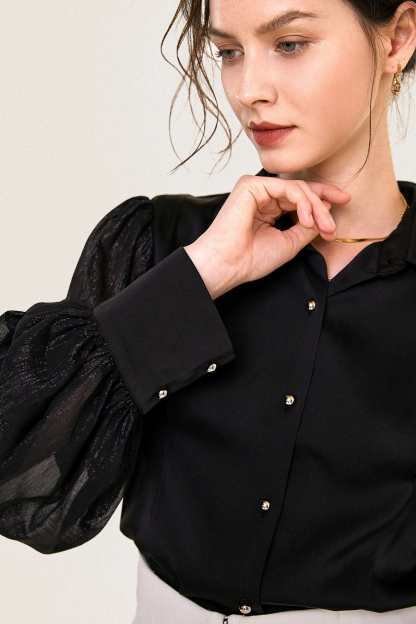 Black Button-Up Balloon Sleeve Satin Shirt