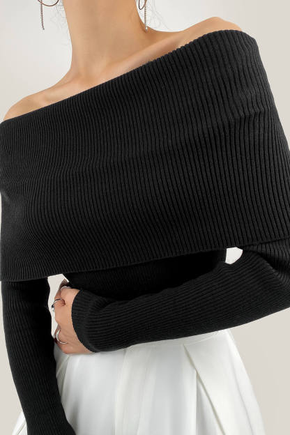 Black Off-the-Shoulder Ribbed Knit Sweater