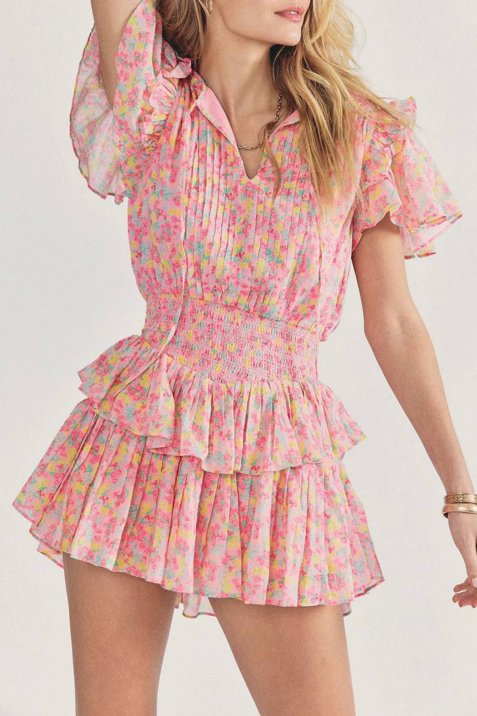 Pink Floral Print Tiered Mini Dress