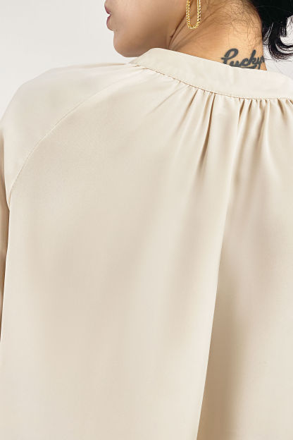 Crew Neck Button Detail Pleated Blouse