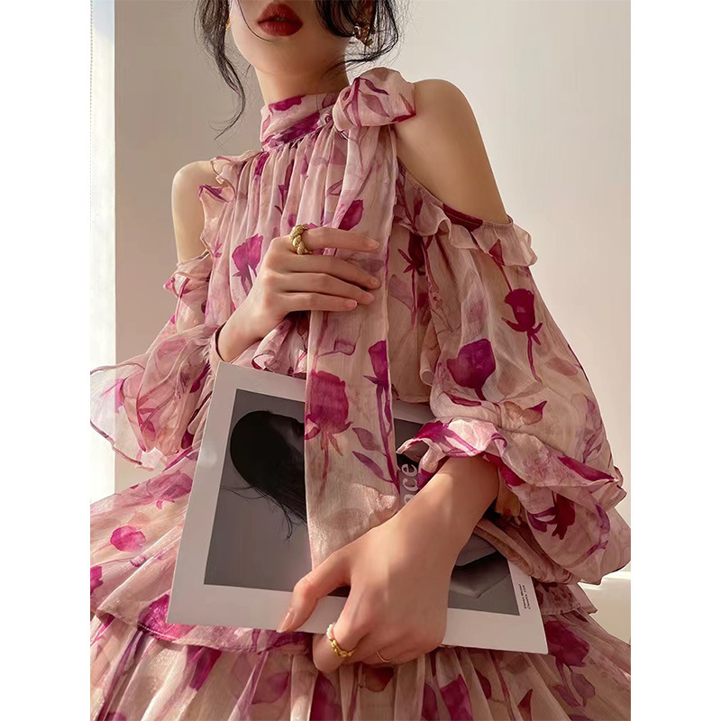 Pink Floral Print Neckline Bow Tie Mini Dress