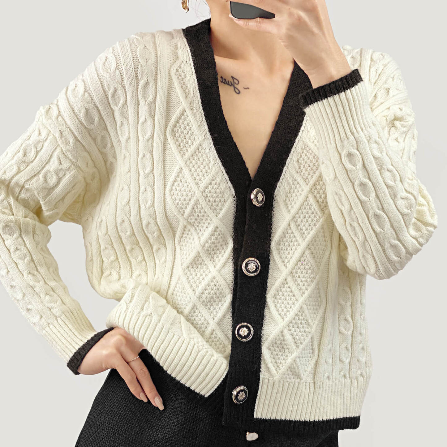 Beige Contrast V-Neck Knitted Cardigan