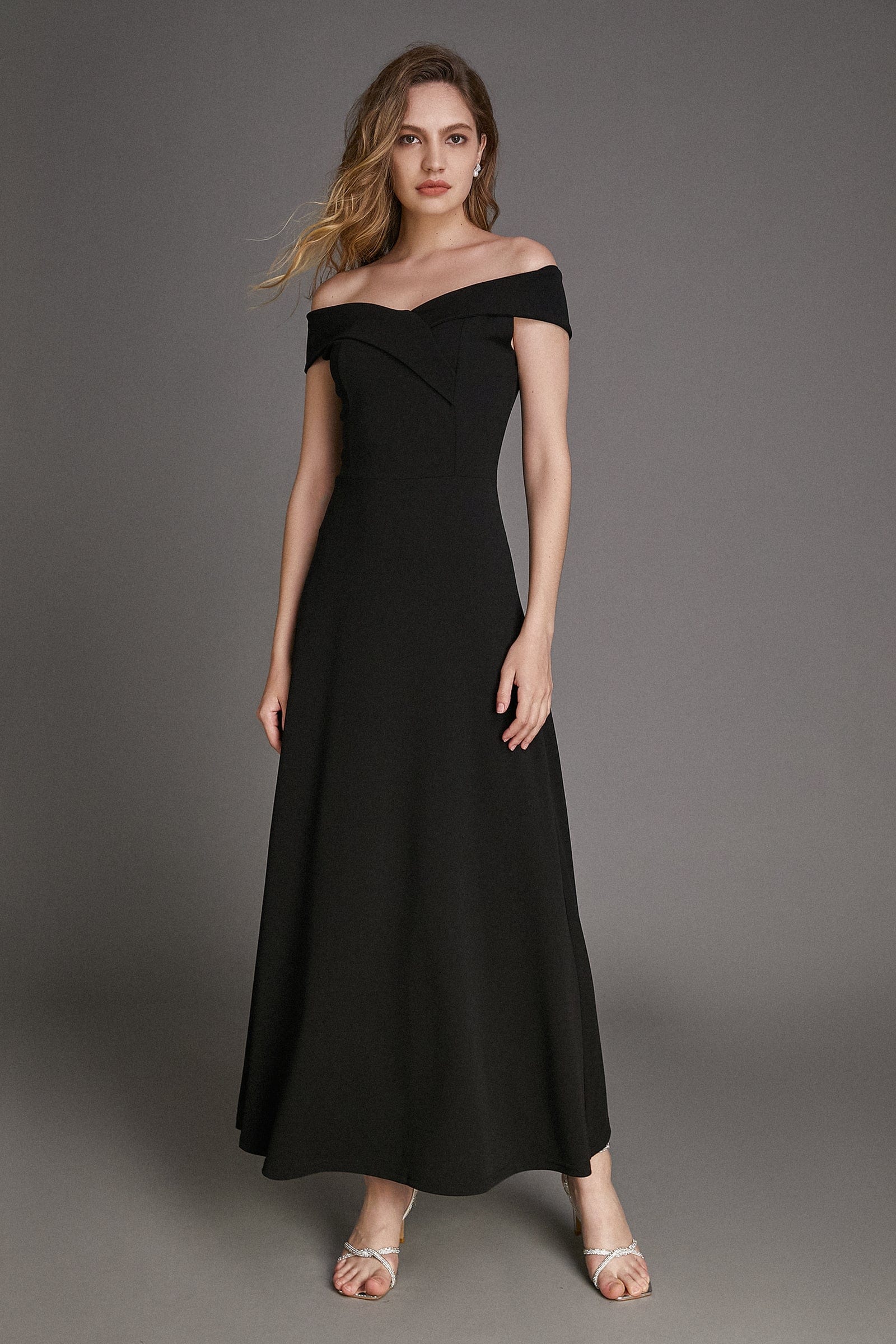 Black Off-the-Shoulder A-line Maxi Dress