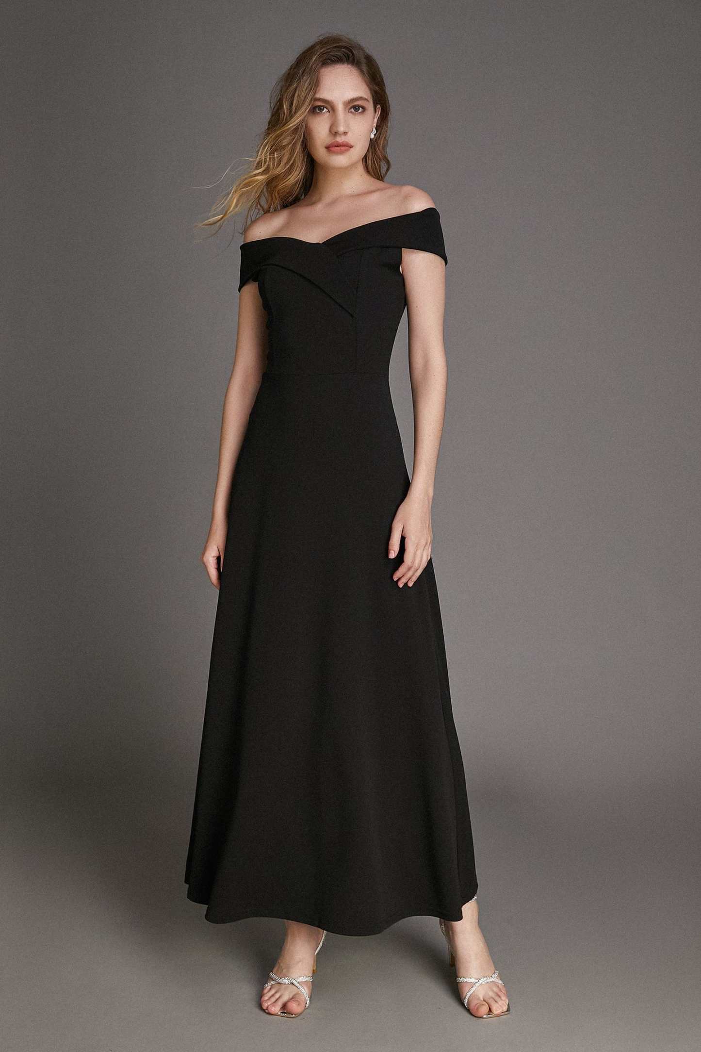 Black Off-the-Shoulder A-line Maxi Dress