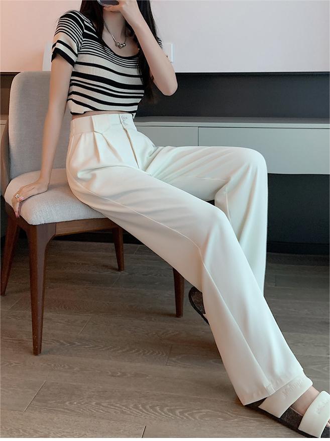 White High-Waisted Straight Trousers Slacks