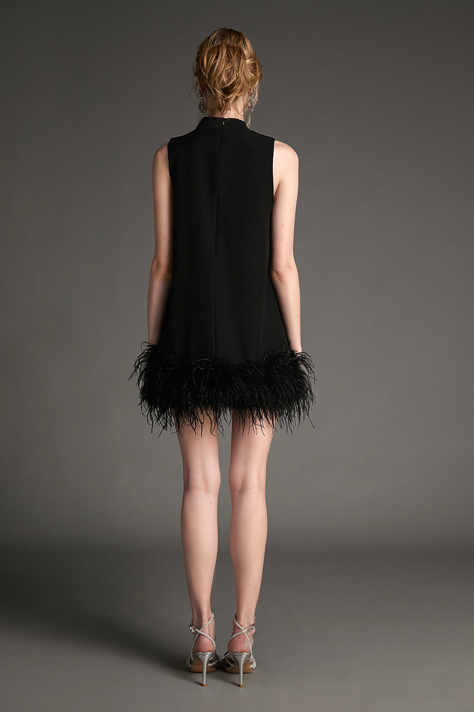 Black Sleeveless Mock Neck Feather-Trimmed Mini Dress-J.ING Black Sleeveless Mock Neck Feather-Trimmed Mini Dress-J.ING