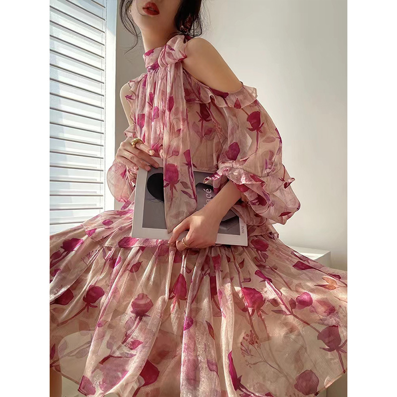 Pink Floral Print Neckline Bow Tie Mini Dress