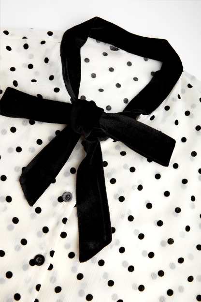Beige Polka Dot Tie-Neck Blouse